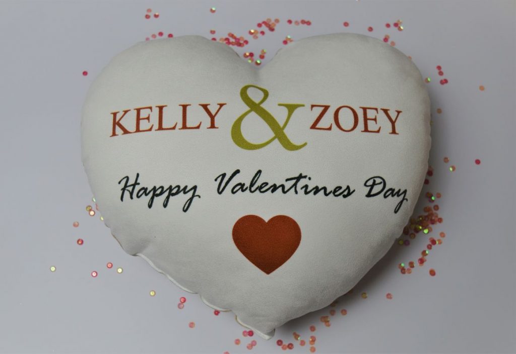 Heart shaped pillow with personalised names (Kelly & Zoey) for Valentine's Day