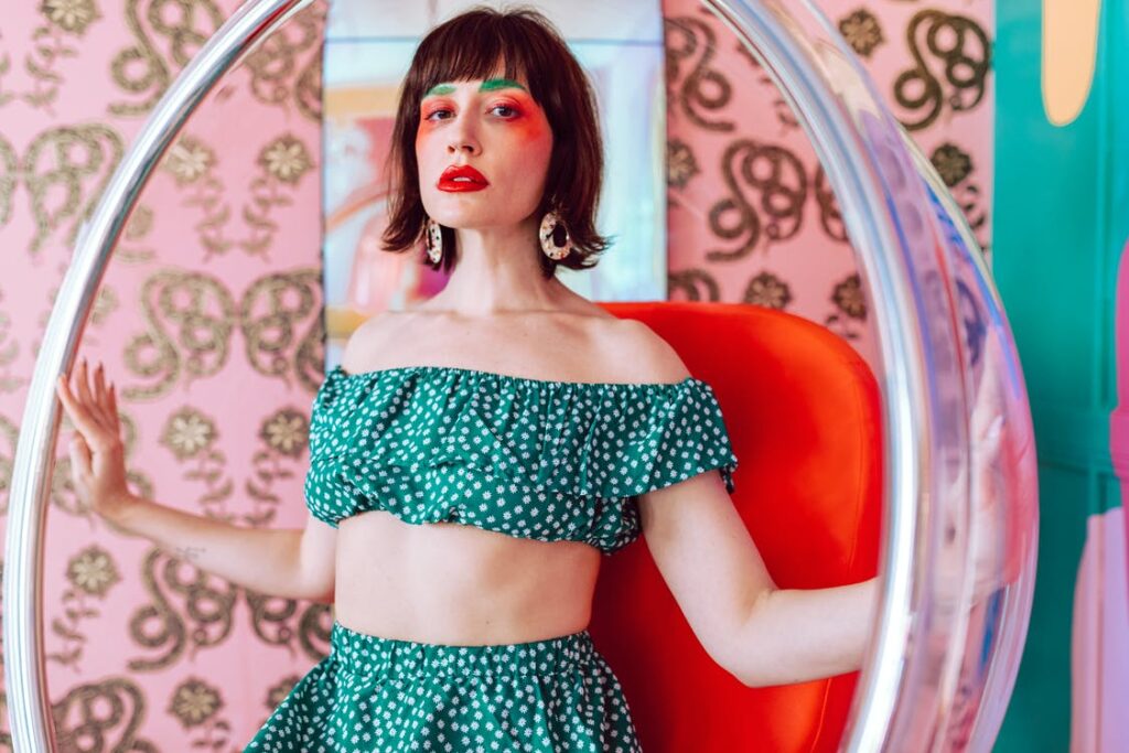 Woman in a 2 piece green polka dot set